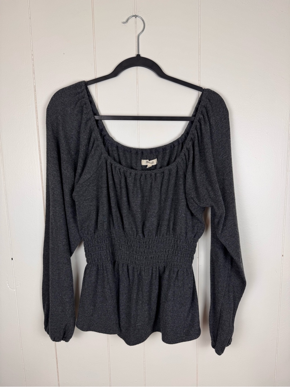 Madewell Women’s Large Charcoal Gray Square Neck Smocked Peplum Top